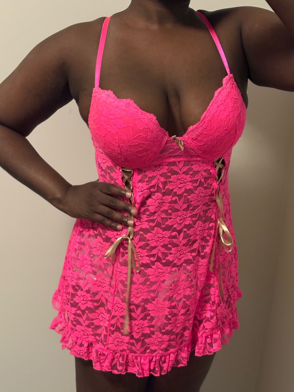 Candy Couture Pink Lace Babydoll Lingerie Top with Gold Accents